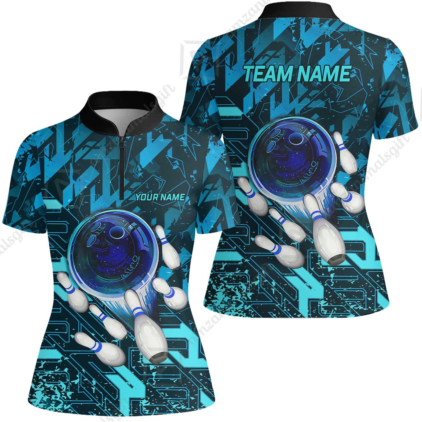 Customized Blue Metric Abstract Bowling Team Jersey, Personalized Name Bowling Quarter-Zip Uniforms For Bowlers, Team League