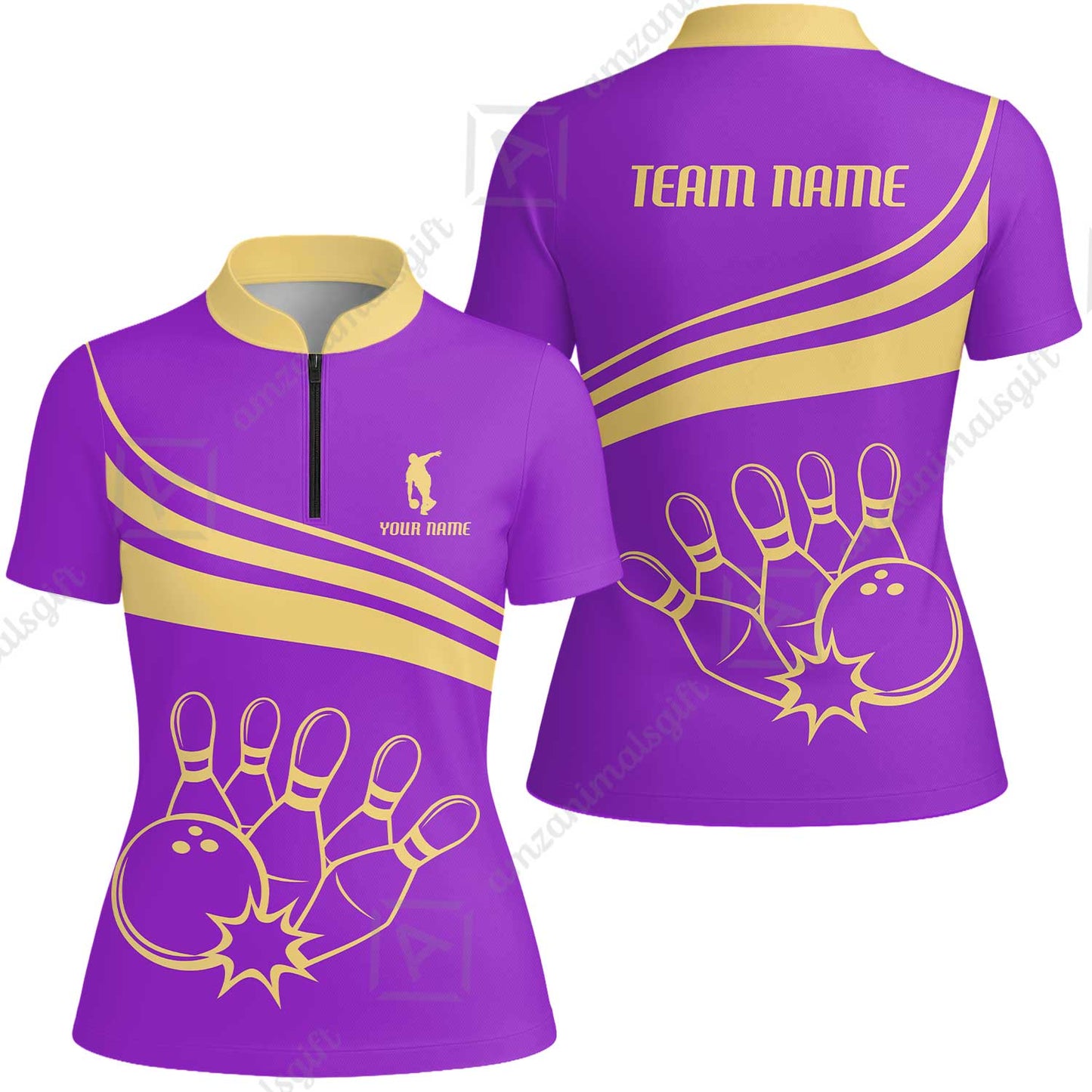 Bowling Customized Jersey Purple Shirt Gold Curve Bowling Tenpin Quarter Zip Shirt, Outfit For Bowlers, Bowling Team