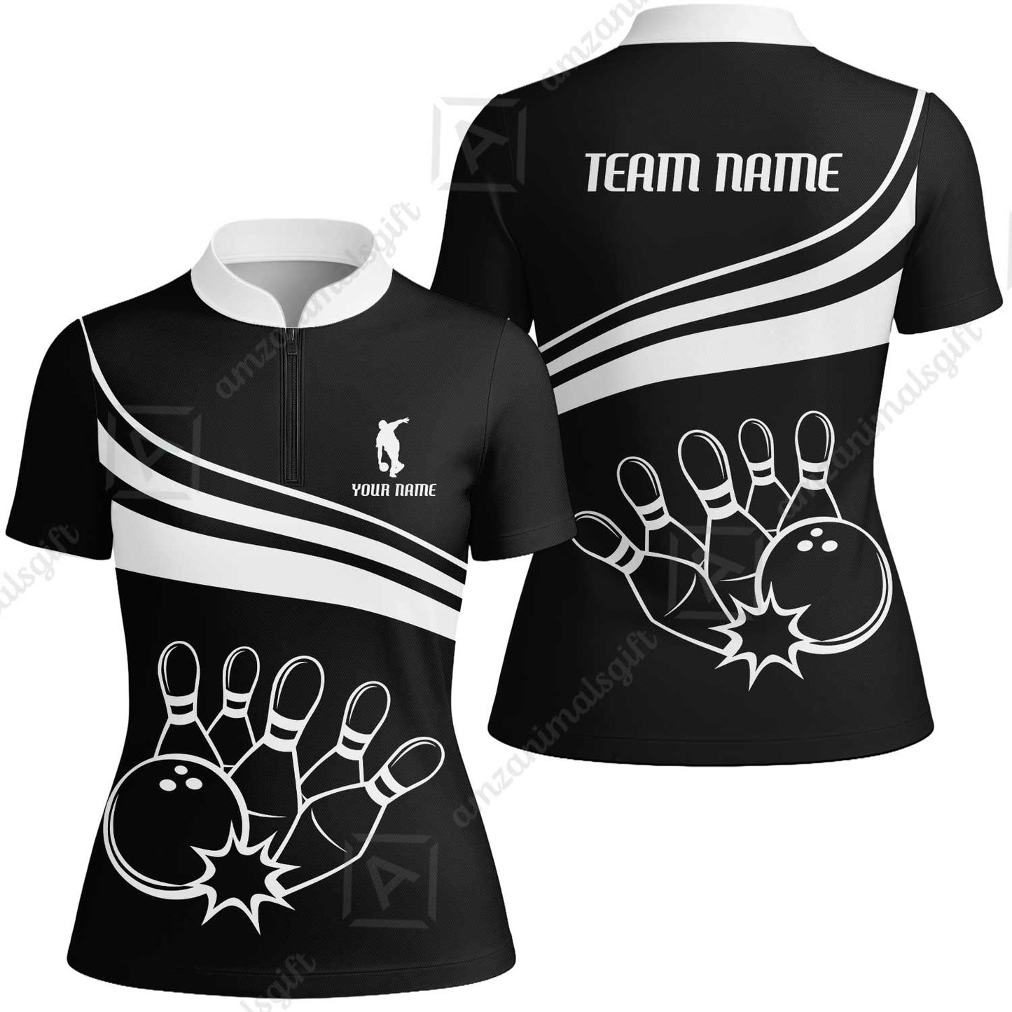 Bowling Customized Jersey Black Shirt White Curve Bowling Tenpin Quarter Zip Shirt, Outfit For Bowlers, Bowling Team