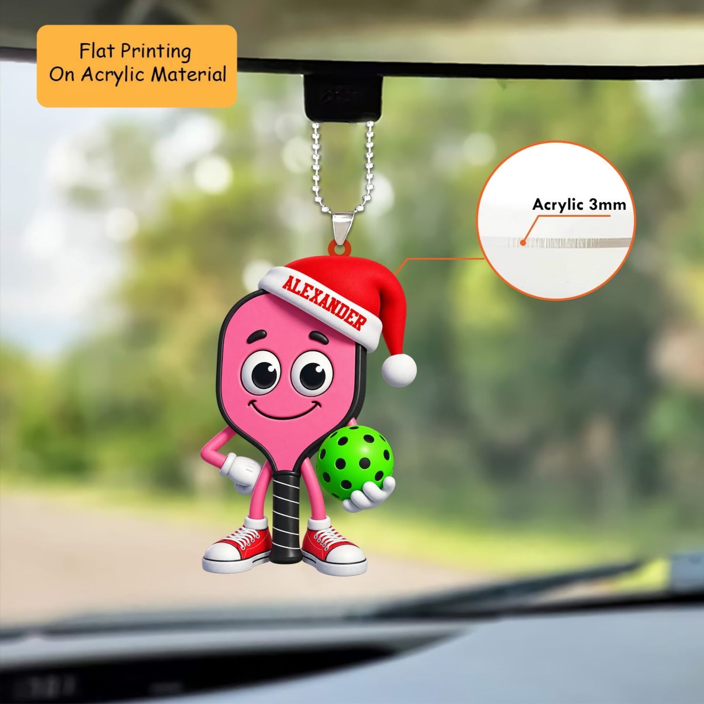 Personalized Pickleball Christmas Ornament, Cute Pink Paddle Mascot Green Ball, Custom Ornament Christmas Gift, Keychain Pickleball , Car Ornament Pickleball