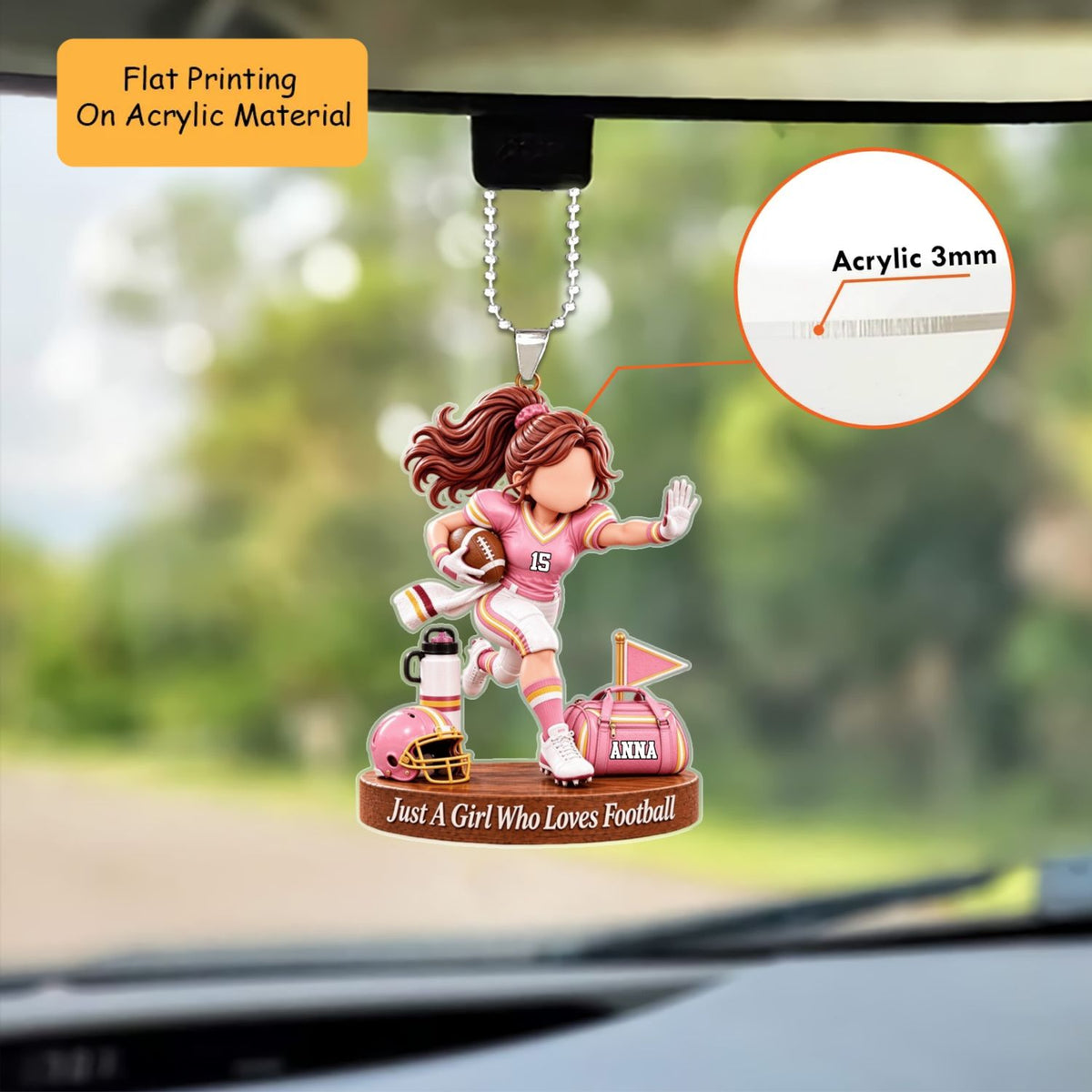 Personalized Girl Football Christmas Flat Printed Acrylic Ornament, Running Action With Field Setup, Custom Ornament Christmas Gift, Keychain Football, Car Ornament Football