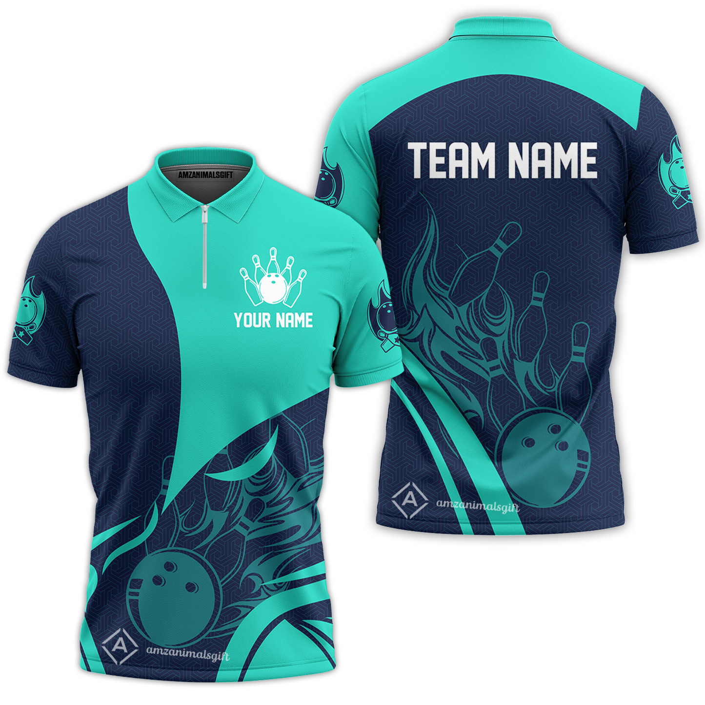 Customized Bowling Quarter-Zip Polo Shirt, Flame Bowling Multicolor Custom Team Uniform Zip Polo, Jersey for Bowlers