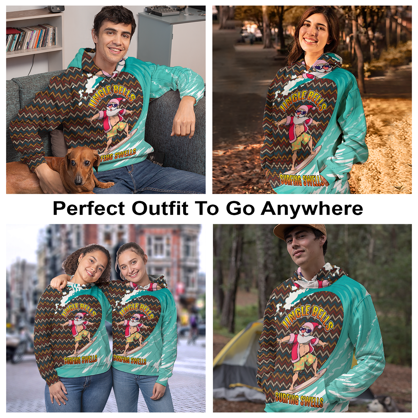 Santa Surfing Pullover Premium Hoodie Jingle Bells Surfing Swells, Perfect Outfit For Men And Women On Christmas New Year Autumn Winter