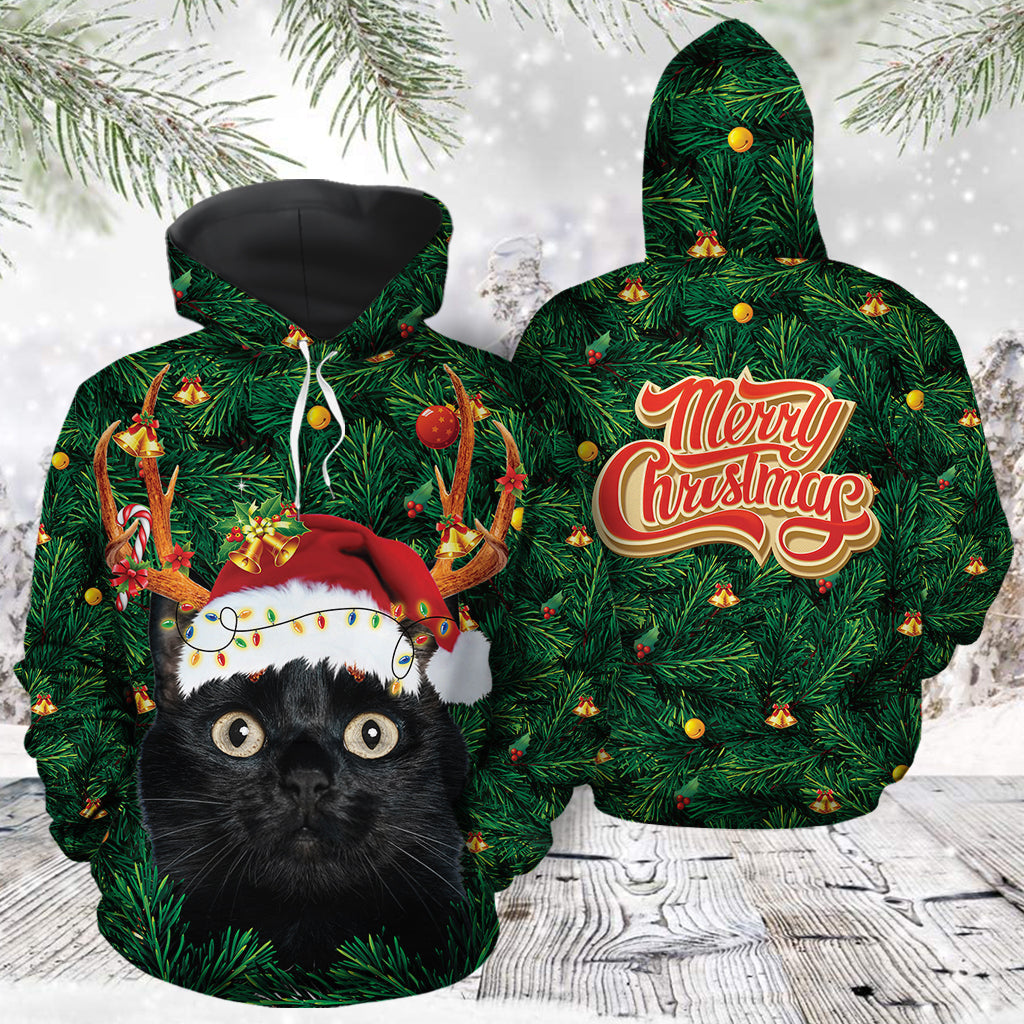 Funny Black Cat Deerhorn Pullover Premium Hoodie Merry Christmas, Perfect Outfit For Men And Women On Christmas New Year Autumn Winter