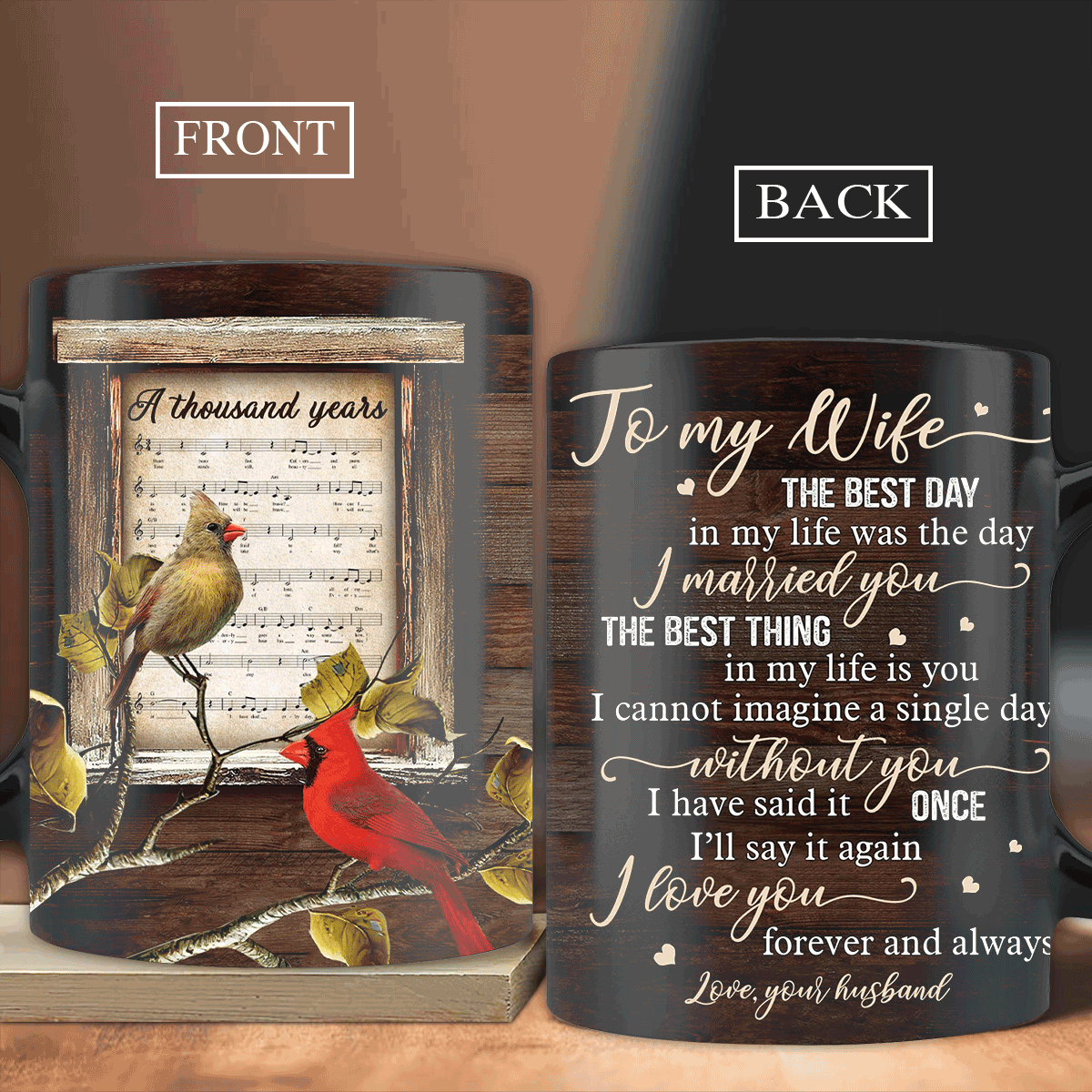Gift For Wife Mug - Couple AOP Mug - To my wife, Music sheet, Cardinal couple Mug - Gift for Couple, lover - I love you forever and always Mug