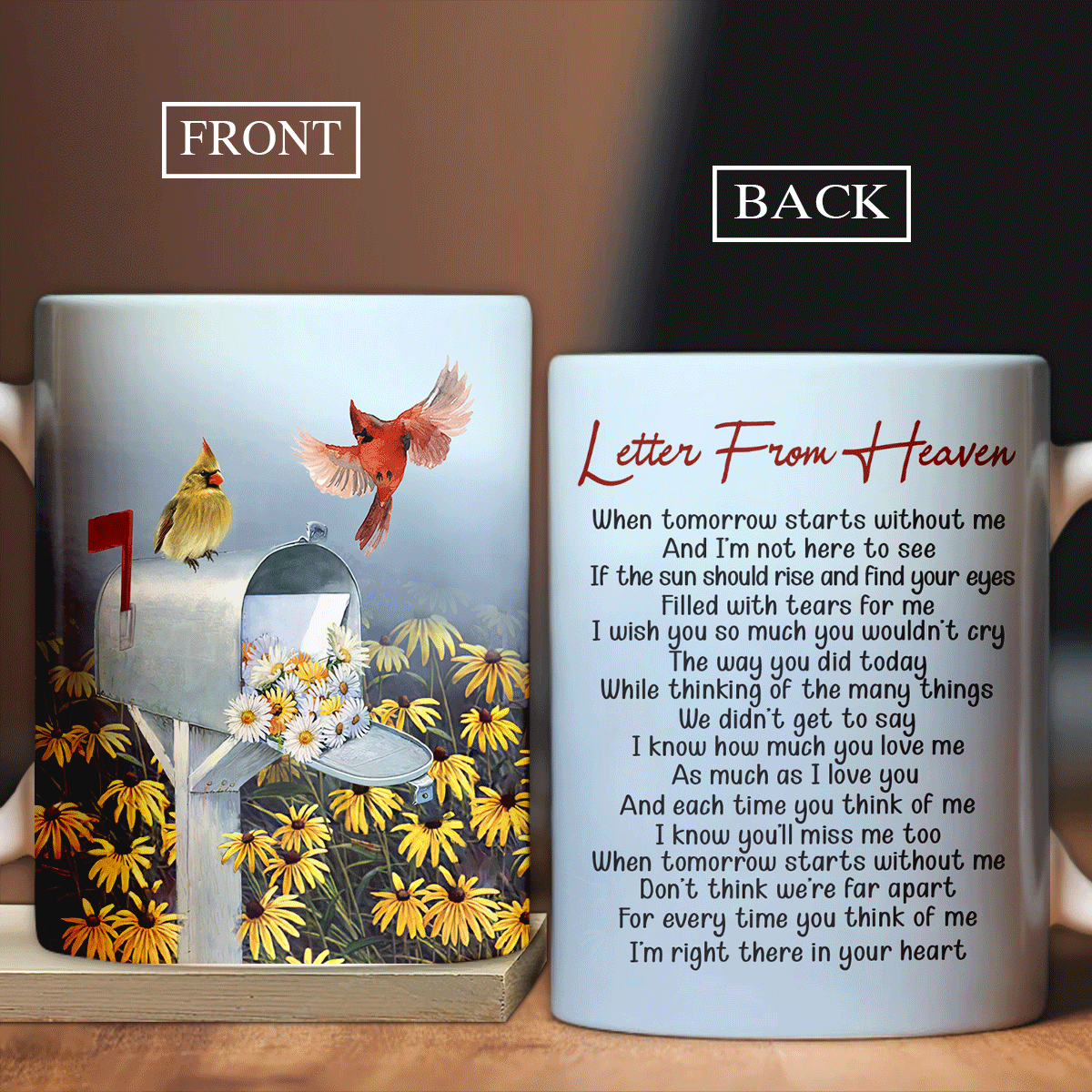 Memorial White Mug - Daisy flower field, Watercolor cardinal, Letter box - Gift for members family - Letter from heaven - Heaven White Mug.