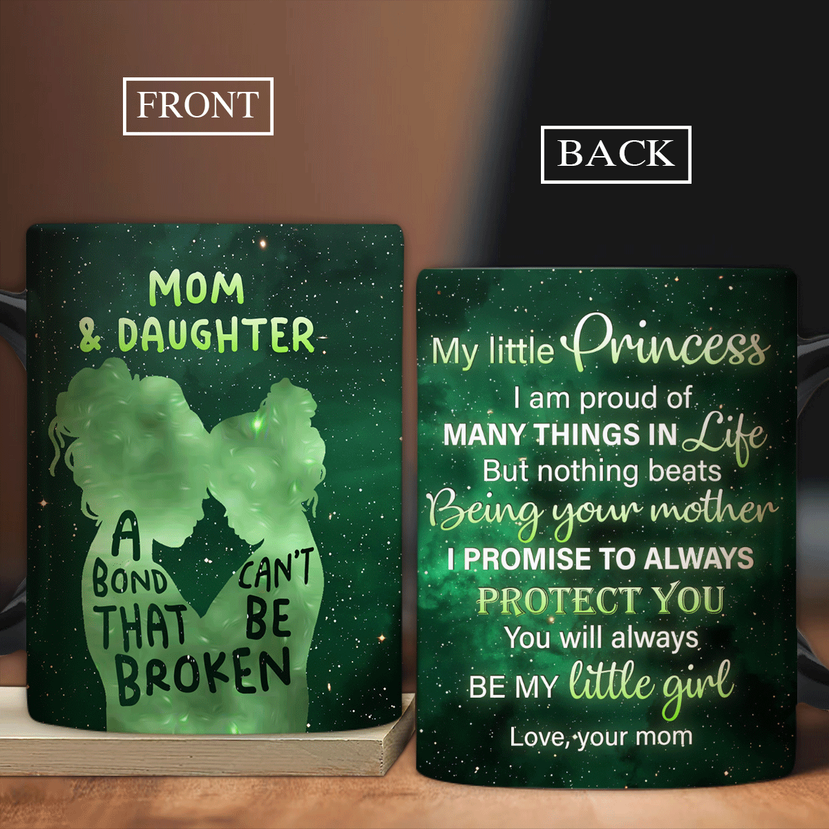 Gift for Daughter- Mom to daughter, Green background, The galaxy - You will always be my little girl - Family AOP Mug