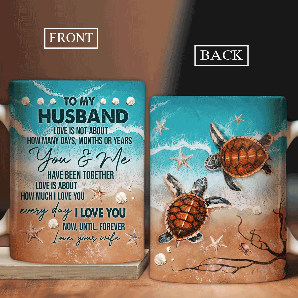 Couple AOP Mug - To my husband, Sea turtle, On the beach - Valentine's Day Gift For Her, Him, Husband, Wife, Partner, Couple - Love is about how much