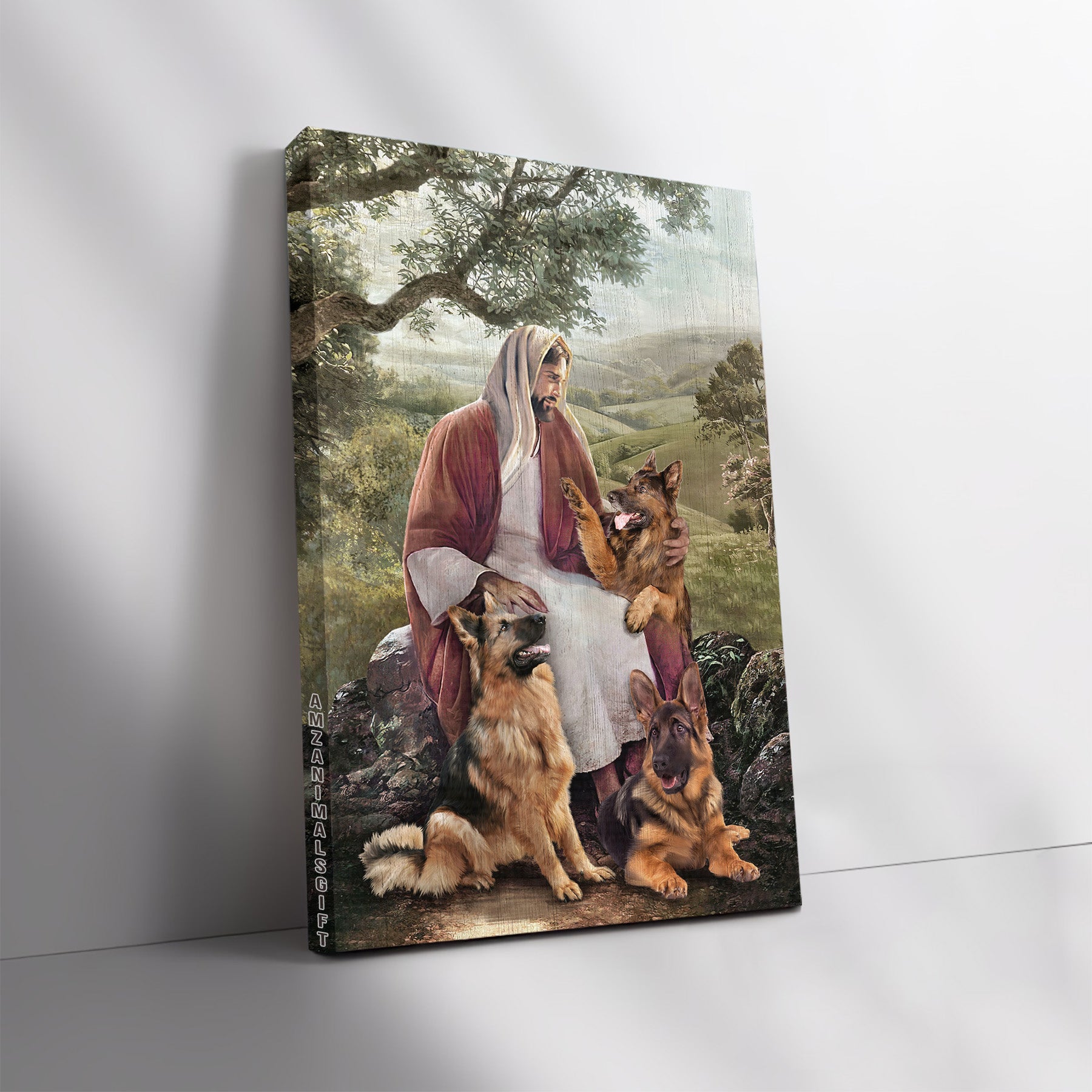 German Shepherd & Jesus Premium Wrapped Portrait Canvas - Jesus Painting, German Shepherd, Green Landscape - Gift For Christian, German Shepherd Lovers