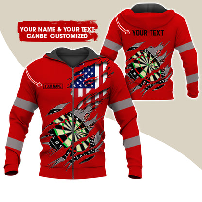 Customized Name & Text American Flag Darts Premium Zip Hoodie, Personalized Dartboard Zip Hoodie For Men & Women - Gift For Darts Lovers, Darts Players
