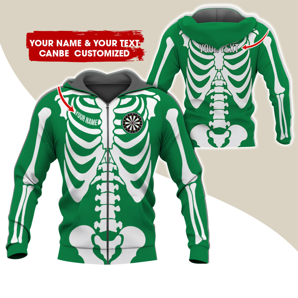 Customized Name & Text Skeleton Darts Premium Zip Hoodie, Personalized Name Darts Zip Hoodie For Men & Women - Gift For Darts Lovers, Darts Players