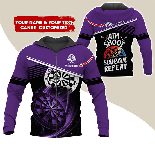 Customized Name & Text Darts Premium Zip Hoodie, Personalized Aim Shoot Sweat Repeat Zip Hoodie For Men & Women - Gift For Darts Lovers, Darts Players