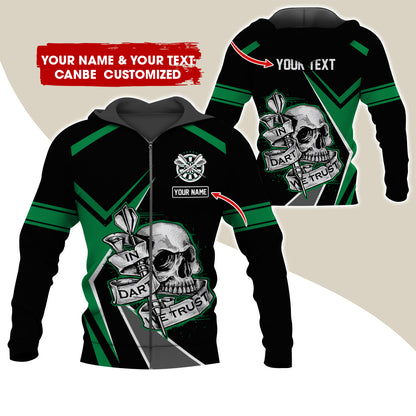 Custom Name & Text Darts Premium Zip Hoodie, Personalized Skull Play Darts Zip Hoodie For Men & Women - Gift For Darts Lovers, Darts Players