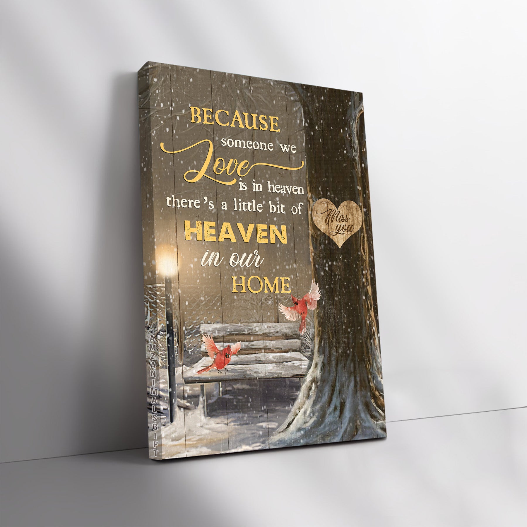 Memorial Premium Wrapped Portrait Canvas - Wooden Chair, Snow Park, Red Cardinal, There's A Little Bit Of Heaven In Our Home - Gift For Members Family