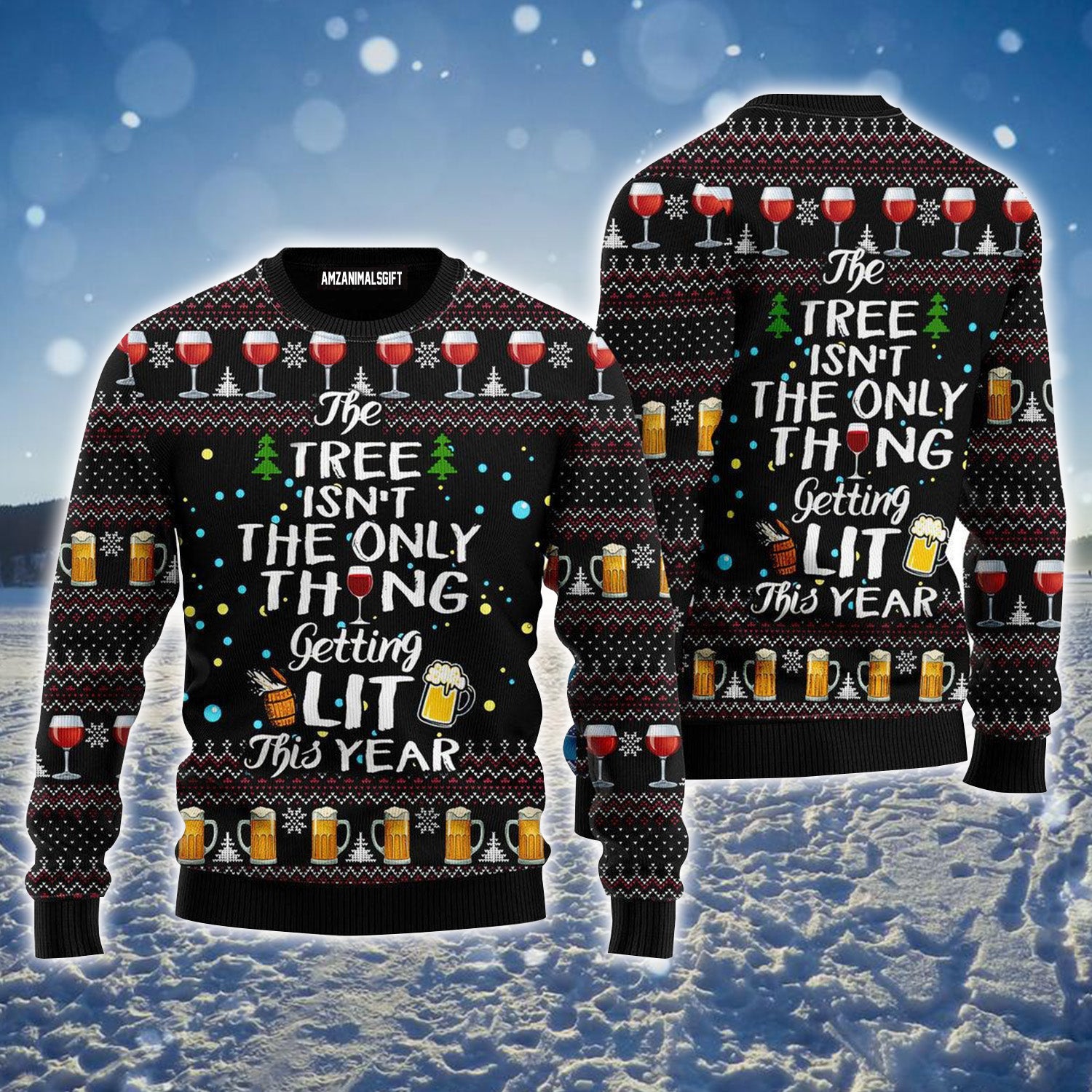 Red Wine & Beer The Only Thing Getting Lit Christmas Ugly Sweater For Men & Women, Perfect Outfit For Christmas New Year Autumn Winter