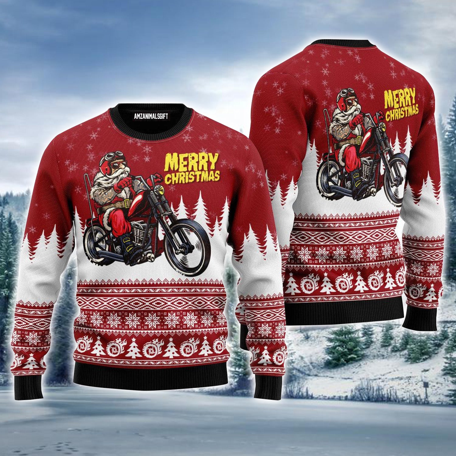 Santa Riding Motorbike To Holiday Ugly Christmas Sweater For Men & Women, Perfect Outfit For Christmas New Year Autumn Winter