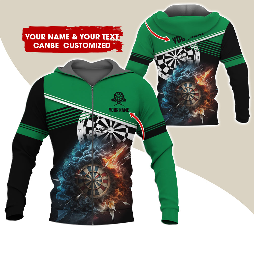 Personalized Name & Text Darts Premium Zip Hoodie, Customized Name Cloudy Fire Darts Zip Hoodie For Men & Women - Gift For Darts Lovers, Darts Players