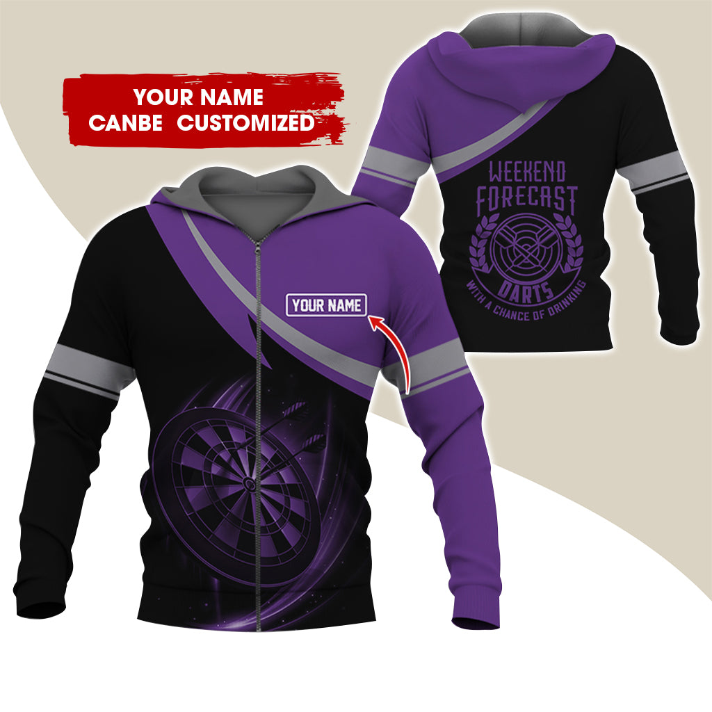 Personalized Name Darts Premium Zip Hoodie, Custom Name Weekend Forecast Darts Zip Hoodie For Men & Women - Gift For Darts Lovers, Darts Players