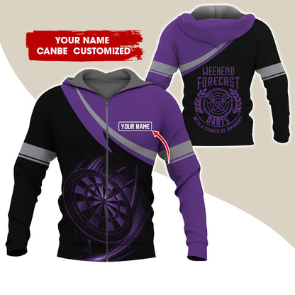 Personalized Name Darts Premium Zip Hoodie, Custom Name Weekend Forecast Darts Zip Hoodie For Men & Women - Gift For Darts Lovers, Darts Players