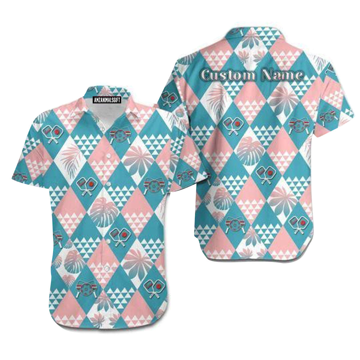 Custom Name Pickleball Tropical Rhombus Pattern Hawaiian Shirt, Perfect Outfit For Men And Women On Summer Tropical Hawaiian Pickleball Lovers