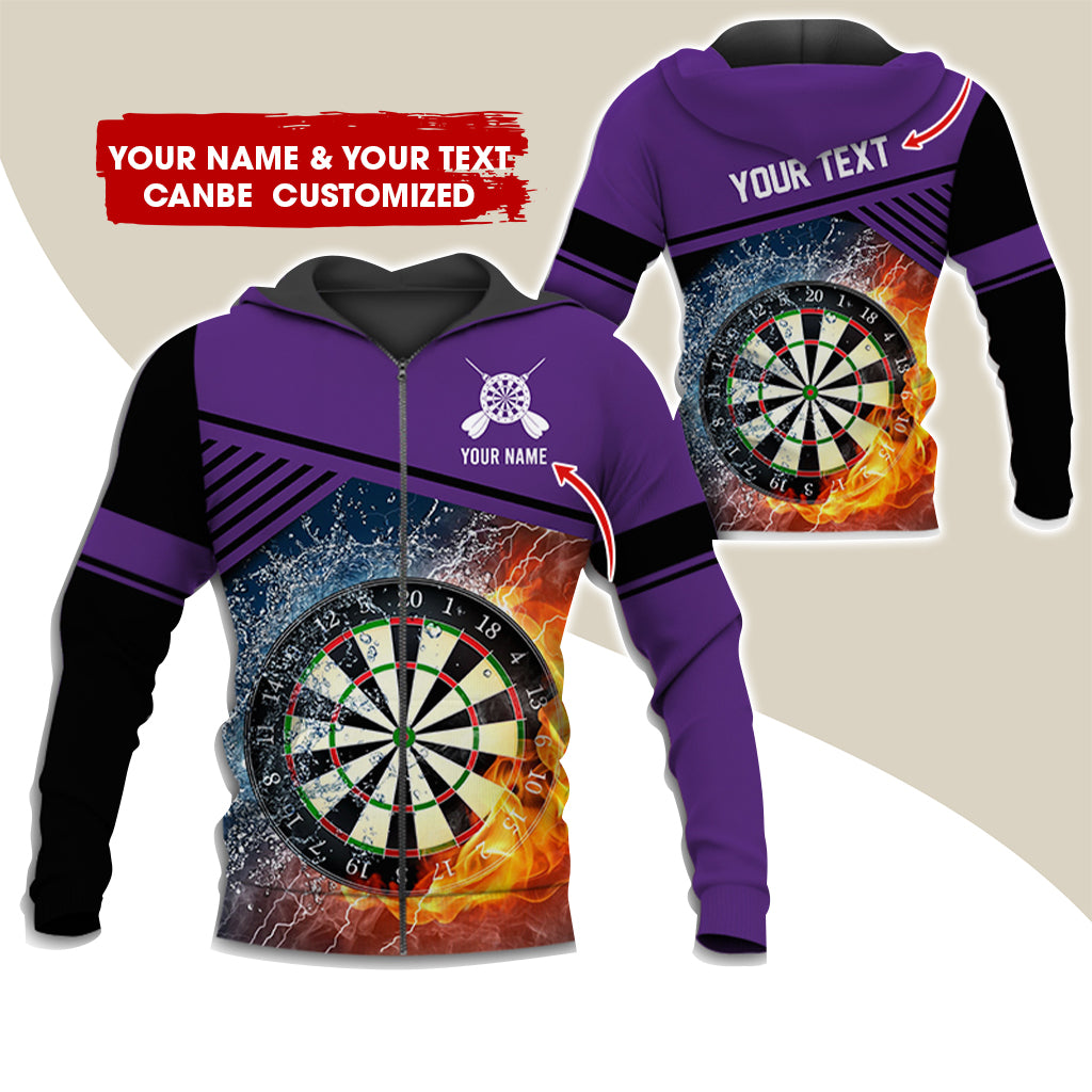 Custom Name & Text Darts Premium Zip Hoodie, Customized Ice & Fire Dartboard Zip Hoodie For Men & Women - Gift For Darts Lovers, Darts Players