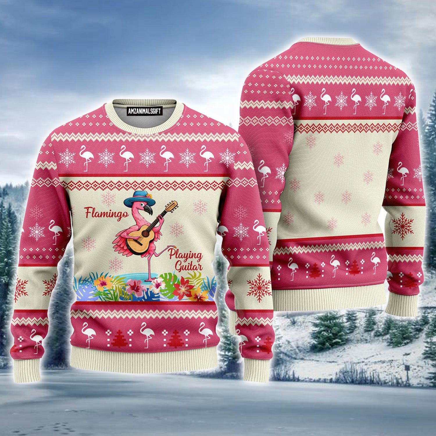 Flamingo Playing Guitar Pink Ugly Christmas Sweater For Men & Women, Perfect Outfit For Christmas New Year Autumn Winter