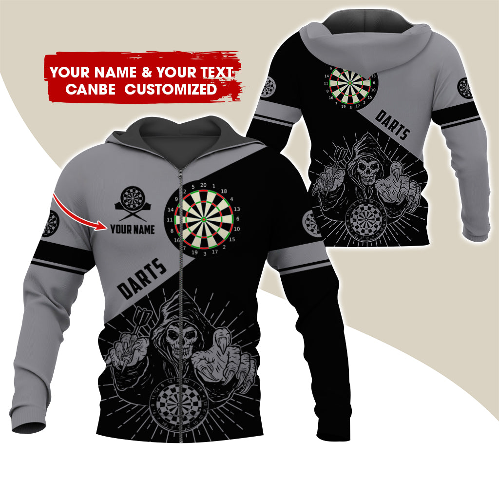 Customized Name Grim Reaper Darts Premium Zip Hoodie, Personalized Name Dartboard Zip Hoodie For Men & Women - Gift For Darts Lovers, Darts Players