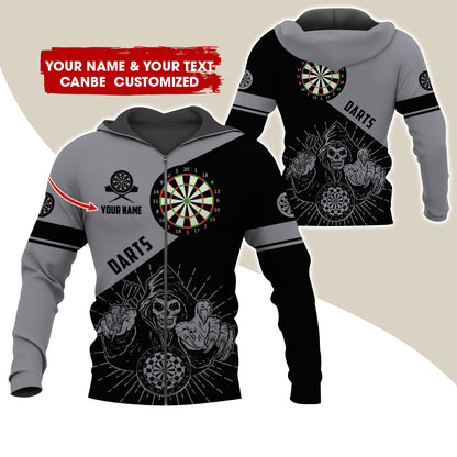 Customized Name Grim Reaper Darts Premium Zip Hoodie, Personalized Name Dartboard Zip Hoodie For Men & Women - Gift For Darts Lovers, Darts Players