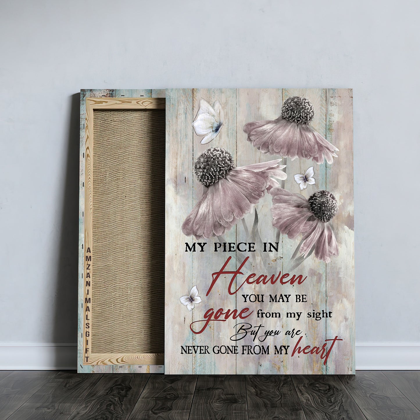 Memorial Premium Wrapped Portrait Canvas - Light Pink Flower Painting, Crystal Butterfly, You Are Never Gone From My Heart - Gift For Members Family