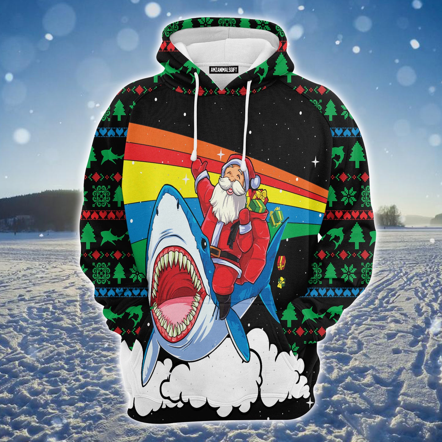Santa Claus Riding Shark Premium Christmas Hoodie, Funny Christmas Unisex Hoodie For Men & Women - Perfect Gift For Christmas, Friends, Family
