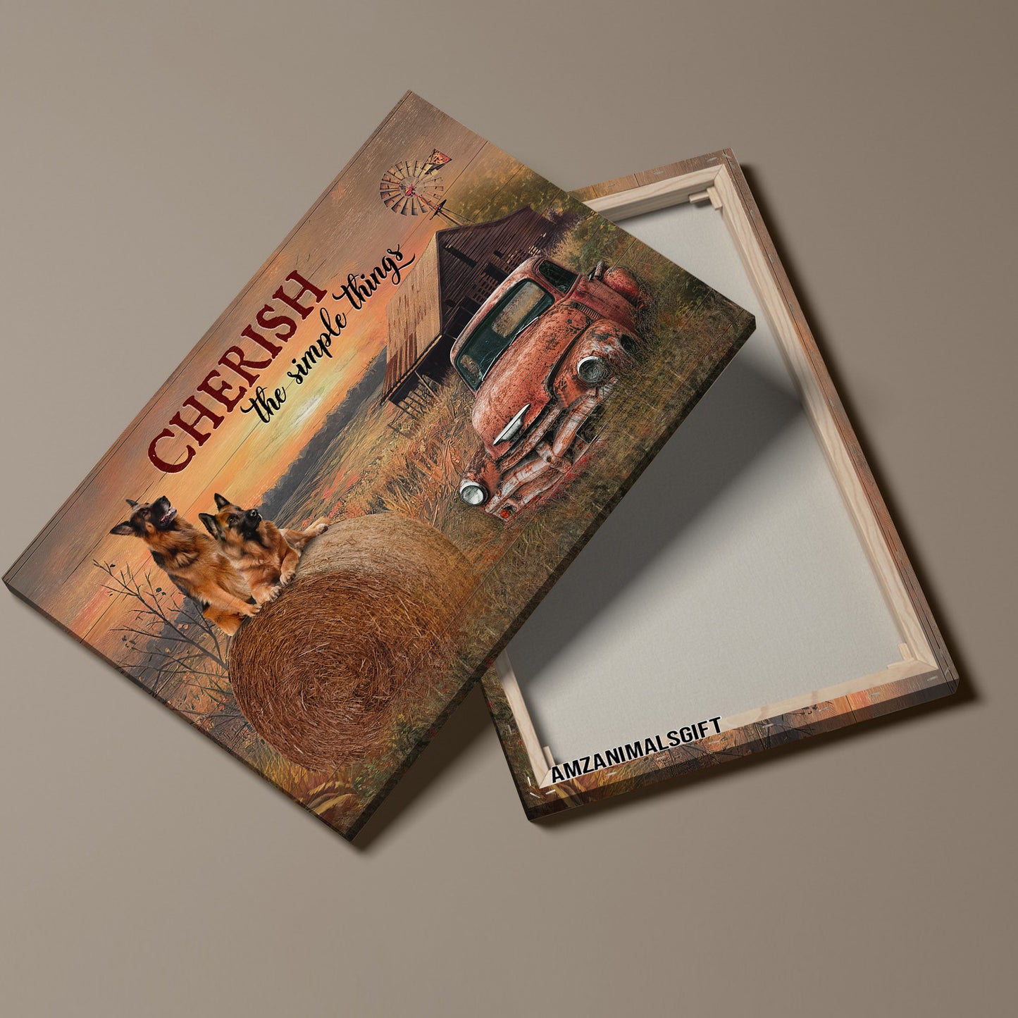 German Shepherd Premium Wrapped Landscape Canvas - German Shepherd, Red Old Car, Farm Painting, Cherish The Simple Thing- Gift For Dog Lovers