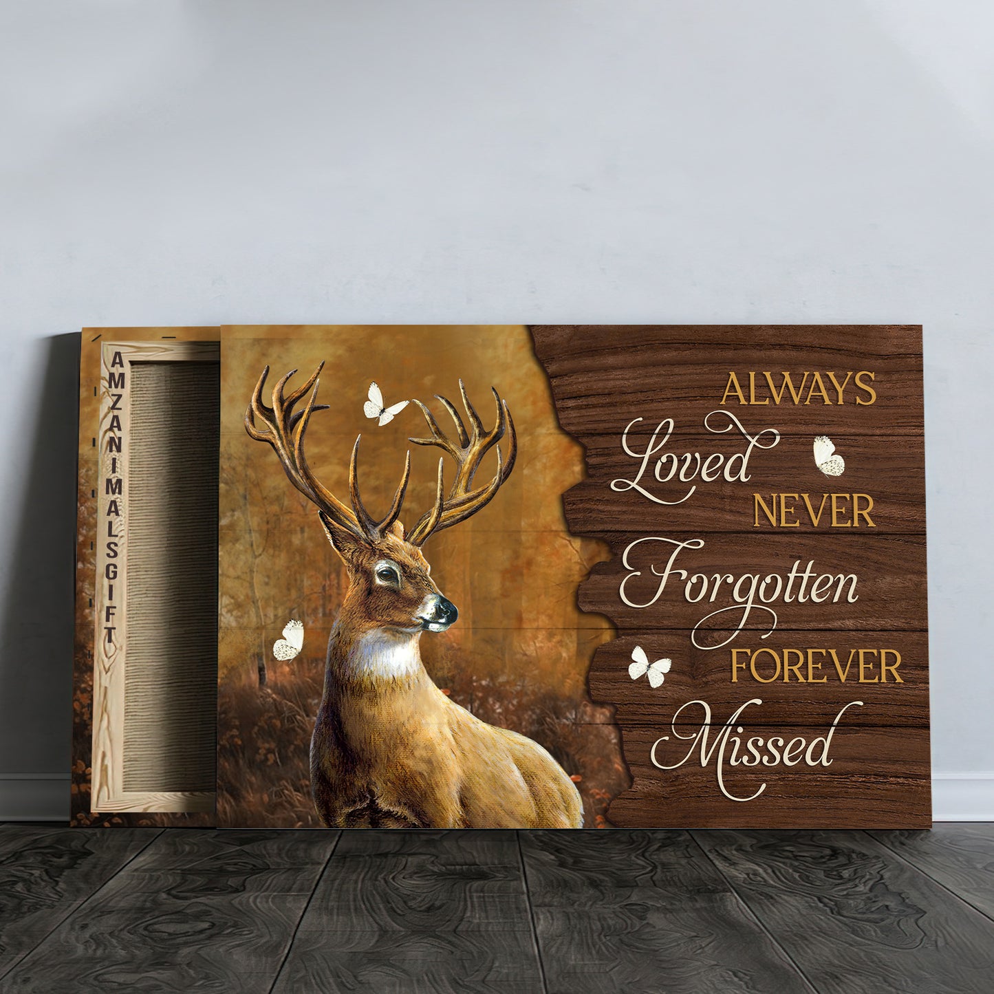 Memorial Premium Wrapped Landscape Canvas - Big Deer, Butterfly, Dark Forest, Always Loved Never Forgotten Forever Missed - Gift For Members Family