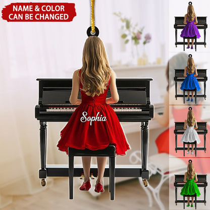 Personalized Female Woman Girl Play Piano Back View Flat Acrylic Ornament, Ornament Gifts For Daughter, Granddaughter