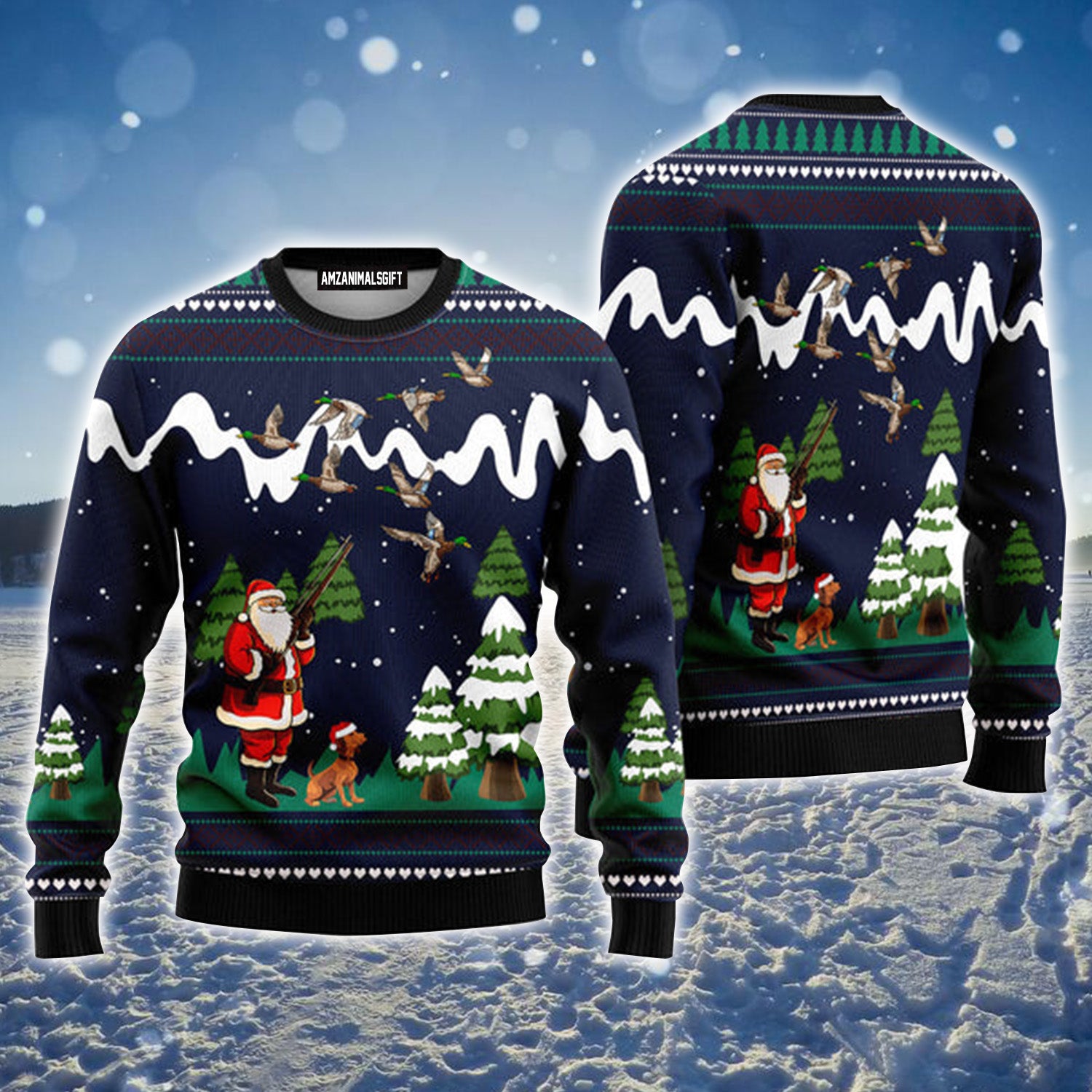 Santa Duck Hunting Navy Urly Christmas Sweater, Christmas Sweater For Men & Women - Perfect Gift For Christmas, Hunting Lovers, Hunters