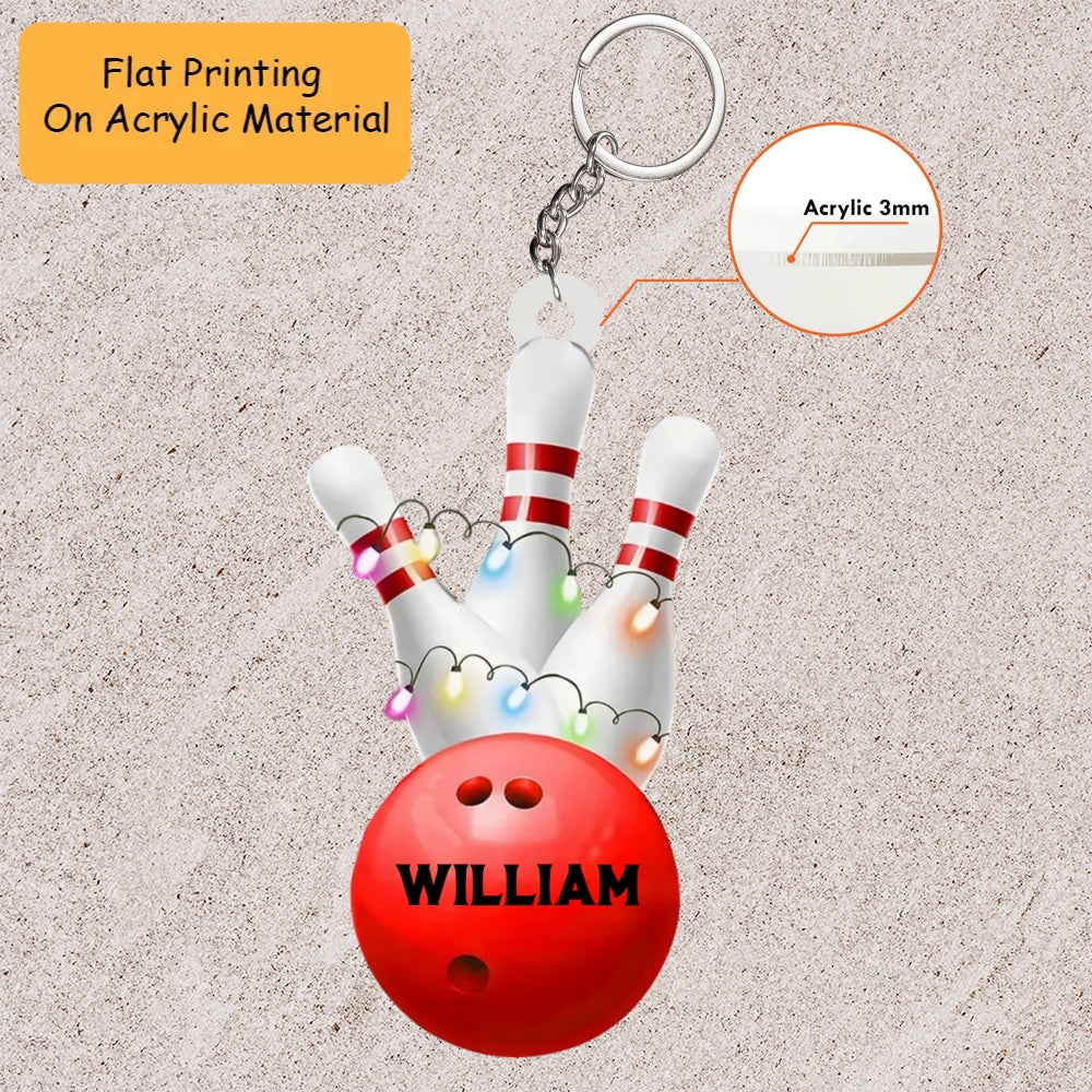 Personalized Bowling Ball Holding Pins Acrylic Ornament, Bowling Keychain, Car Ornament, Christmas Ornament Gifts