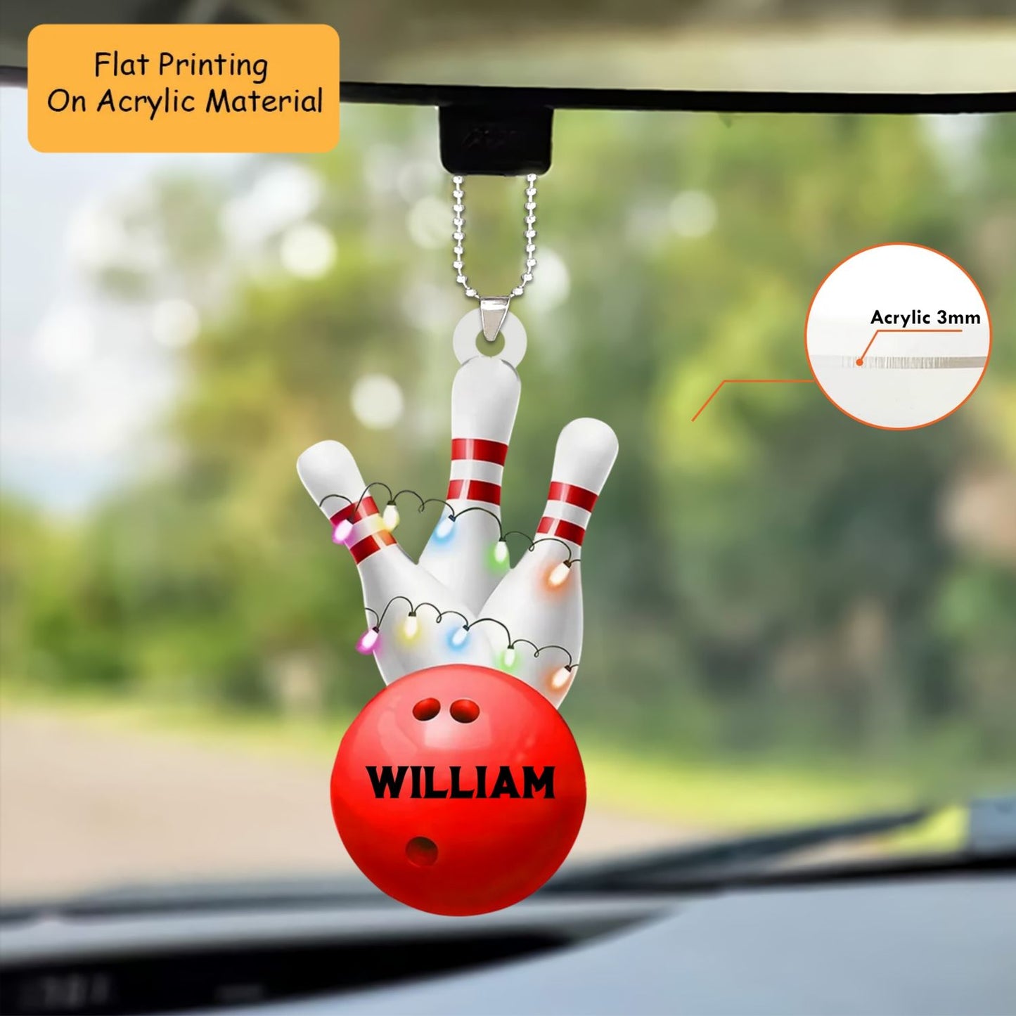 Personalized Bowling Ball Holding Pins Acrylic Ornament, Bowling Keychain, Car Ornament, Christmas Ornament Gifts