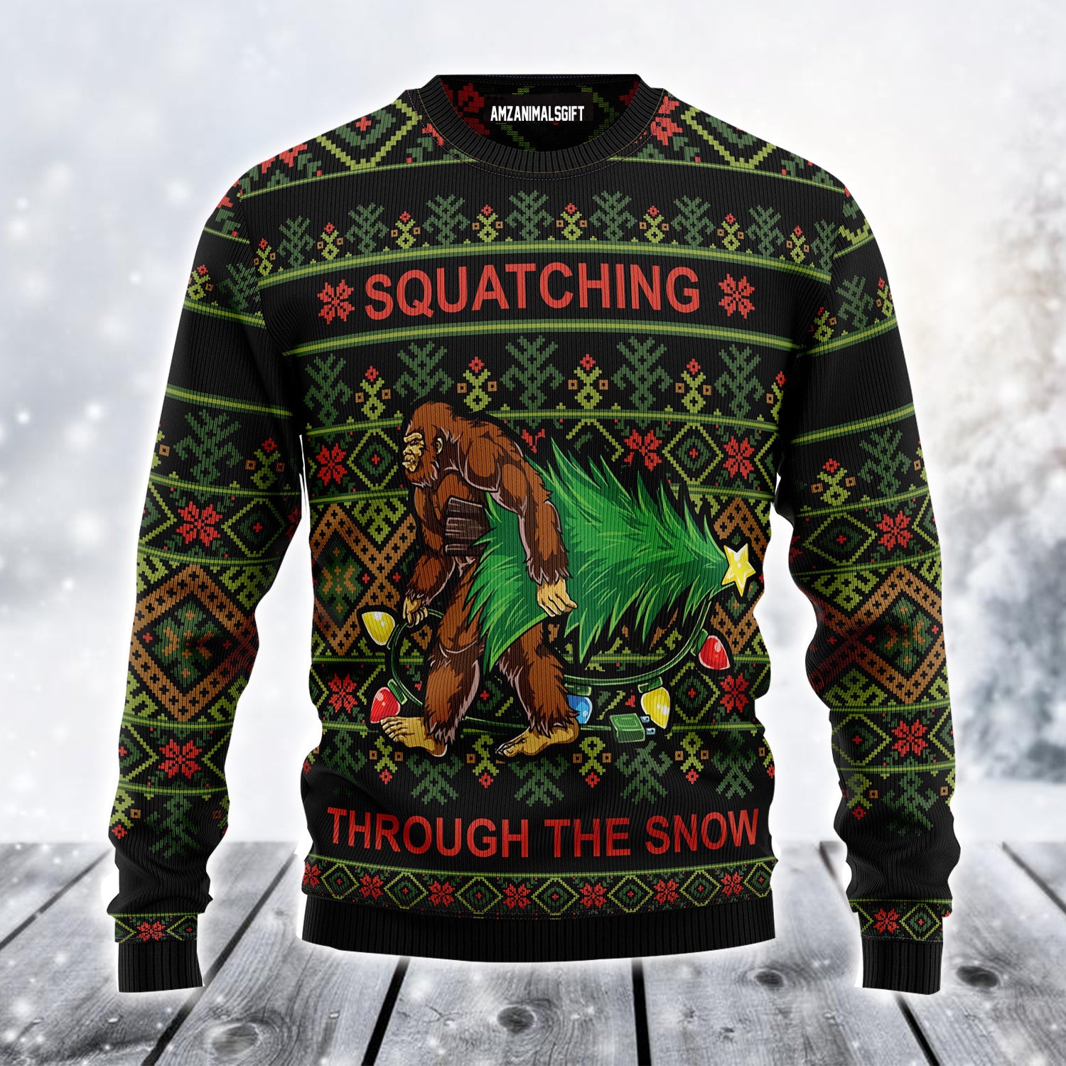 Bigfoot Snow Ugly Christmas Sweater, Christmas Tree Squatching Through The Snow Ugly Sweater For Men & Women - Best Gift For Christmas, Friends