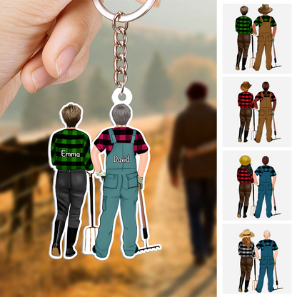 Personalized Farmer Couple Partners Back View Flat Acrylic Keychain, Meaningful Gifts For Farmer Couple Partners Soulmates