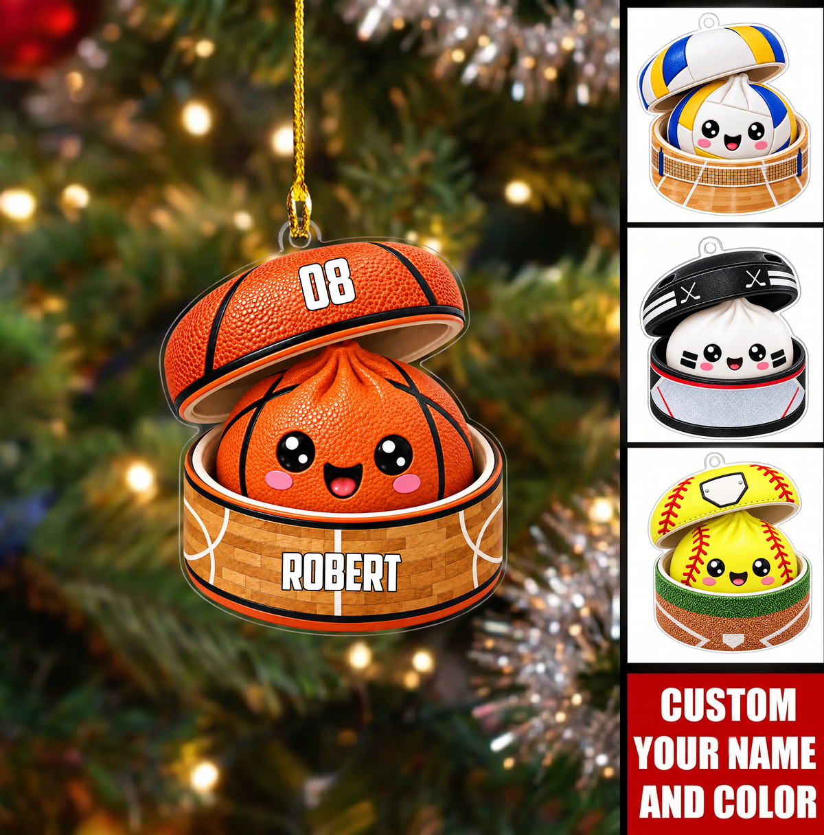 Personalized Sports Dumpling Christmas Ornament, Cute Bao Bun In Sports Ball Steamer, Custom Ornament Christmas Gift, Keychain Christmas, Car Ornament Christmas