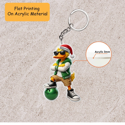 Personalized Bowling Christmas Ornament, Cool Duckie With Bowling, Custom Ornament Christmas Gift, Keychain Bowling, Car Ornament Bowling