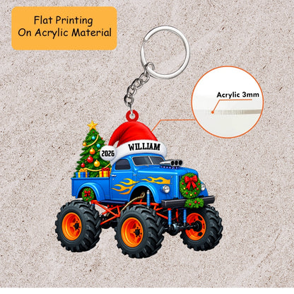 Personalized Monster Truck Christmas Ornament, Festive Santa Hat Truck With Tree, Custom Ornament Christmas Gift, Keychain Monster Truck , Car Ornament Monster Truck 