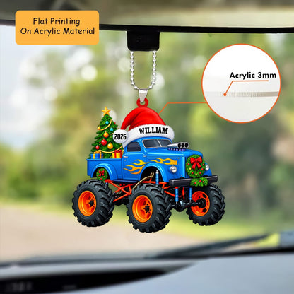 Personalized Monster Truck Christmas Ornament, Festive Santa Hat Truck With Tree, Custom Ornament Christmas Gift, Keychain Monster Truck , Car Ornament Monster Truck 