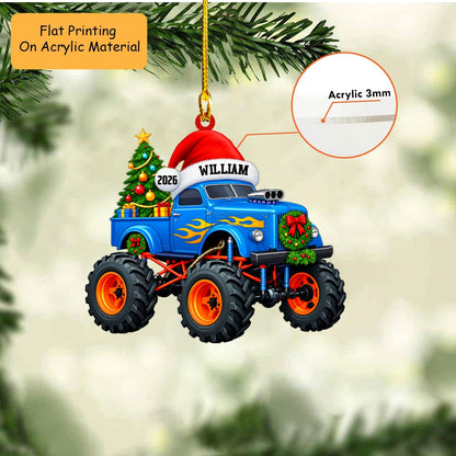 Personalized Monster Truck Christmas Ornament, Festive Santa Hat Truck With Tree, Custom Ornament Christmas Gift, Keychain Monster Truck , Car Ornament Monster Truck 