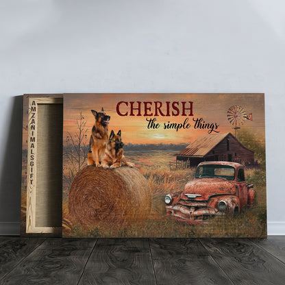 German Shepherd Premium Wrapped Landscape Canvas - German Shepherd, Red Old Car, Farm Painting, Cherish The Simple Thing- Gift For Dog Lovers