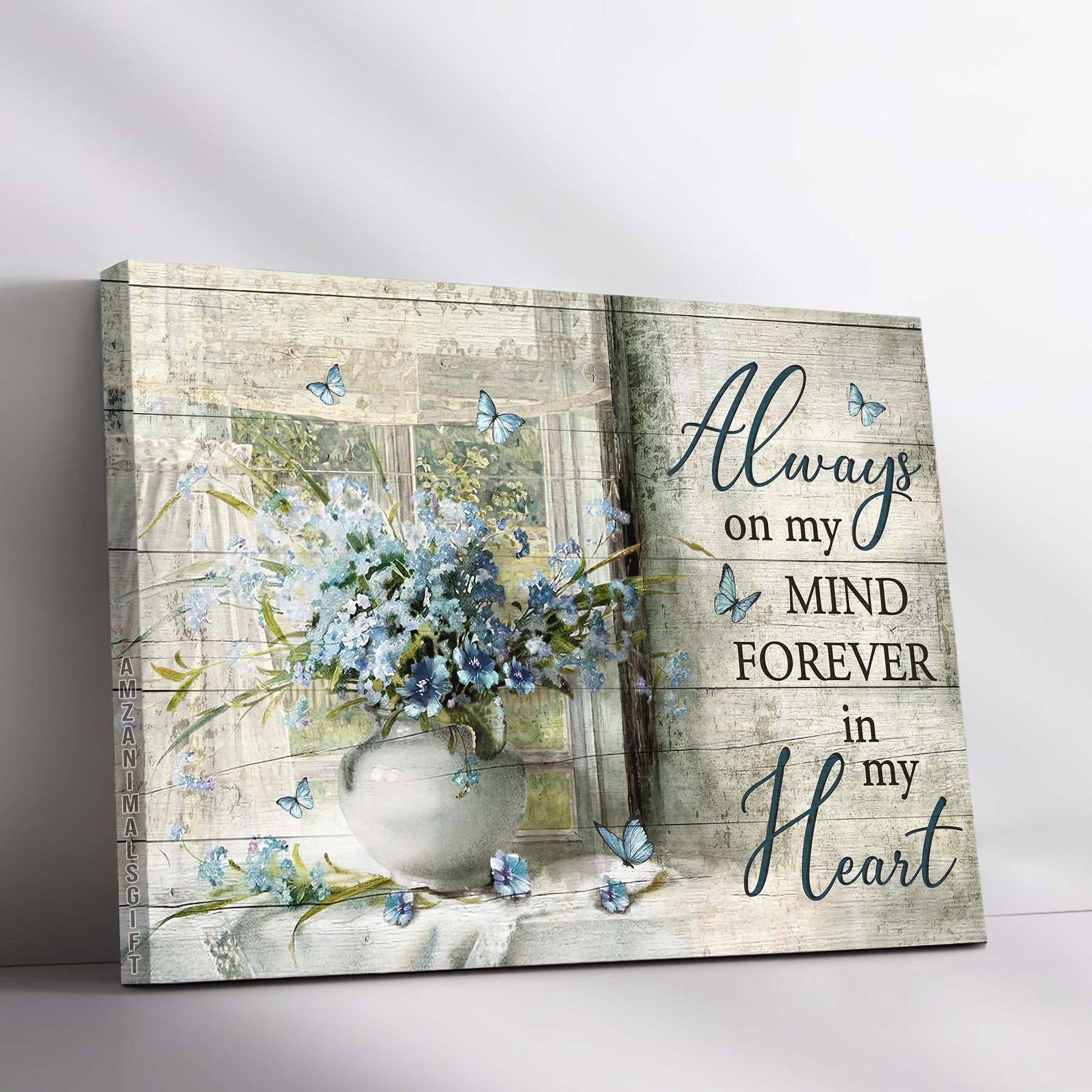 Memorial Premium Wrapped Landscape Canvas - Blue Flower, Blue Butterfly, Window Frame, Always On My Mind - Heaven Gift For Members Family
