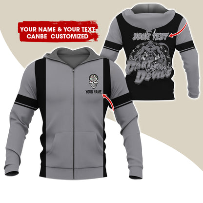 Personalized Name & Text Devils Darts Premium Zip Hoodie, Custom Name Dartboard Zip Hoodie For Men & Women - Gift For Darts Lovers, Darts Players