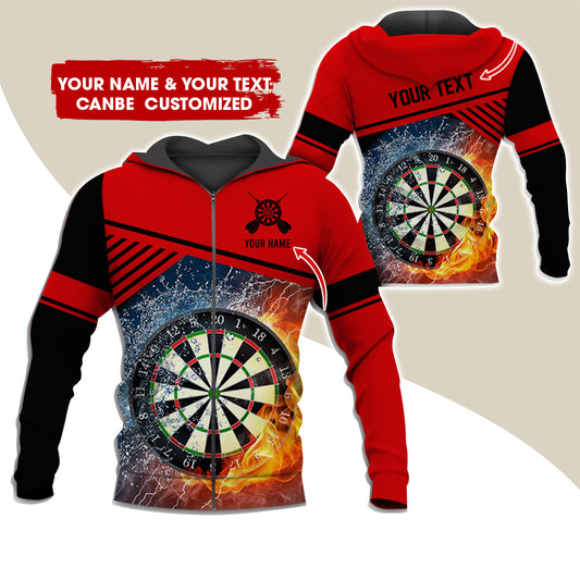 Custom Name & Text Darts Premium Zip Hoodie, Customized Ice & Fire Dartboard Zip Hoodie For Men & Women - Gift For Darts Lovers, Darts Players