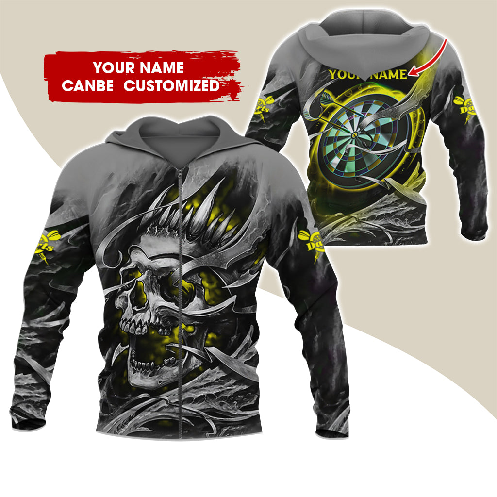 Customized Name Skull Darts Premium Zip Hoodie, Personalized Name Dartboard Zip Hoodie For Men & Women - Gift For Darts Lovers, Darts Players