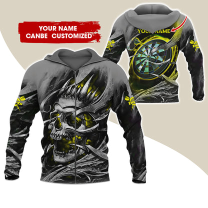 Customized Name Skull Darts Premium Zip Hoodie, Personalized Name Dartboard Zip Hoodie For Men & Women - Gift For Darts Lovers, Darts Players