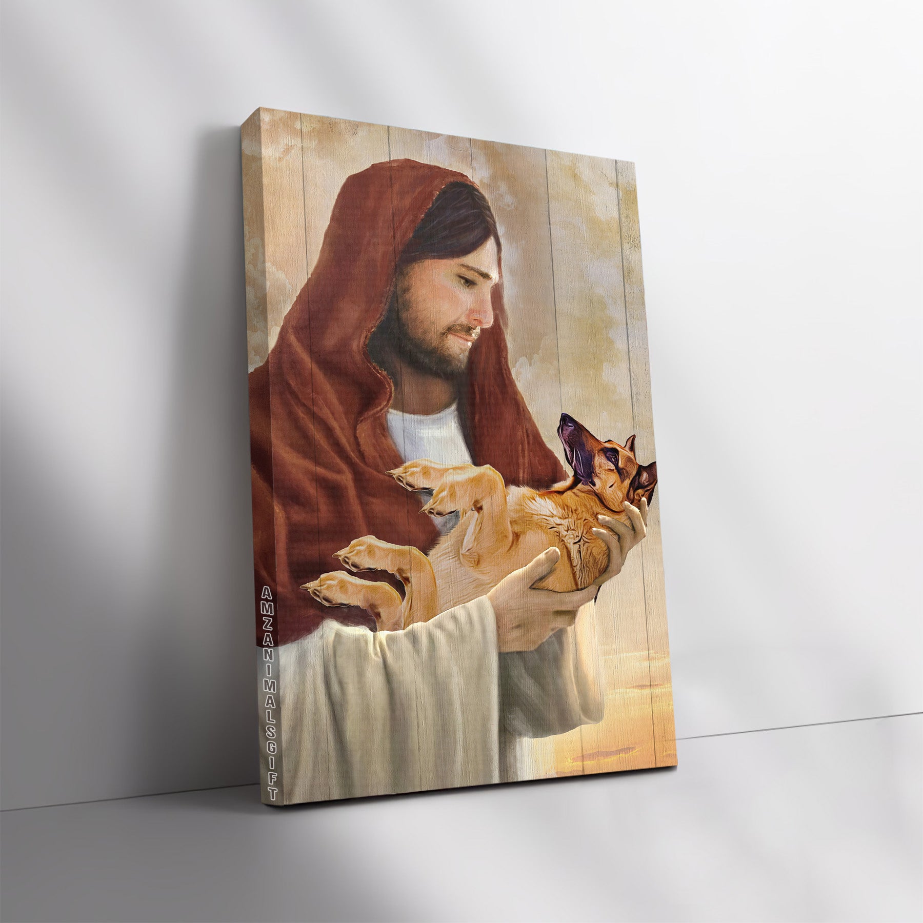 German Shepherd & Jesus Premium Wrapped Portrait Canvas - Little German Shepherd, The World In His Arm, Jesus Artwork - Gift For Christian, Dog Lovers
